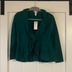 New Chico's Janis Ruffle Cardigan Sweater, Green, Chico sz 1 (US size M/8)